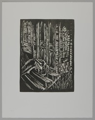Hale Woodruff (American, 1900-1980). <em>By Parties Unknown</em>, Printed 1996. Linocut on chine-colle affixed to Thai Mulberry paper, Sheet (overall): 19 1/8 x 14 15/16 in. (48.6 x 37.9 cm). Brooklyn Museum, Gift of JoAnne W. Carter, E. Thomas Williams, Jr., Thea Williams Girigorie, in memory of their parents, Edgar Thomas Williams and Elnora Bing Williams Morris, 1997.43.5. © artist or artist's estate (Photo: Brooklyn Museum, 1997.43.5_overall_PS20.jpg)