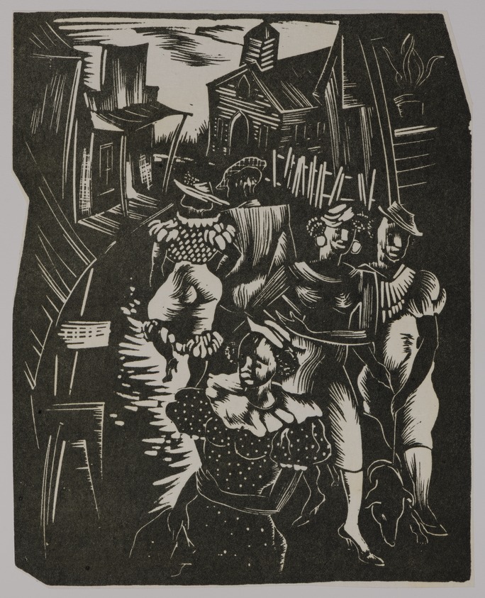 Hale Woodruff (American, 1900–1980). <em>Sunday Promenade</em>, Printed 1996. Linocut on chine-colle affixed to Thai Mulberry paper, Sheet (overall): 19 1/8 x 14 15/16 in. (48.6 x 37.9 cm). Brooklyn Museum, Gift of JoAnne W. Carter, E. Thomas Williams, Jr., Thea Williams Girigorie, in memory of their parents, Edgar Thomas Williams and Elnora Bing Williams Morris, 1997.43.8. © artist or artist's estate (Photo: Brooklyn Museum, 1997.43.8_PS20.jpg)