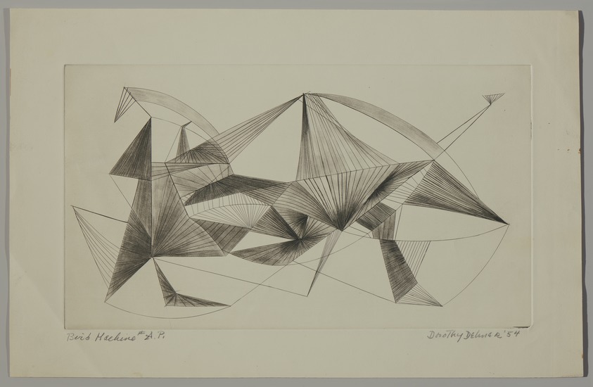 Dorothy Dehner (American, 1908–1994). <em>Bird Machine</em>, 1954. Etching, Sheet: 11 x 17 3/16 in. (27.9 x 43.6 cm). Brooklyn Museum, Gift of the Dorothy Dehner Foundation, 1997.81.3. © artist or artist's estate (Photo: Brooklyn Museum, 1997.81.3_PS11.jpg)