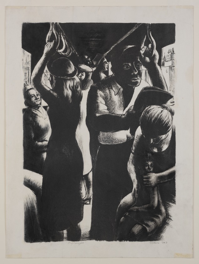 John Wilson (American, born 1922). <em>Straphangers</em>, 1947. Lithograph with hand drawing on paper, Sheet: 16 x 12 in. (40.6 x 30.5 cm). Brooklyn Museum, Alfred T. White Fund, 1998.156. © artist or artist's estate (Photo: Brooklyn Museum, 1998.156_PS11.jpg)