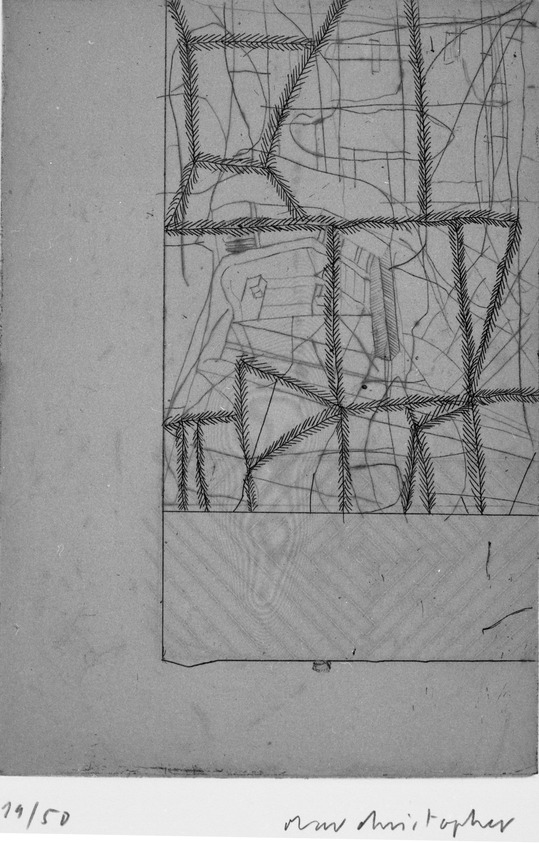 Olav Christopher Jenssen. <em>Ingredienz</em>, 1995. Drypoint etching and aquatint, Sheet: 17 5/8 x 13 1/8 in. (44.8 x 33.3 cm). Brooklyn Museum, Gift of Feature Inc., 1999.34.11. © artist or artist's estate (Photo: Brooklyn Museum, 1999.34.11_bw.jpg)