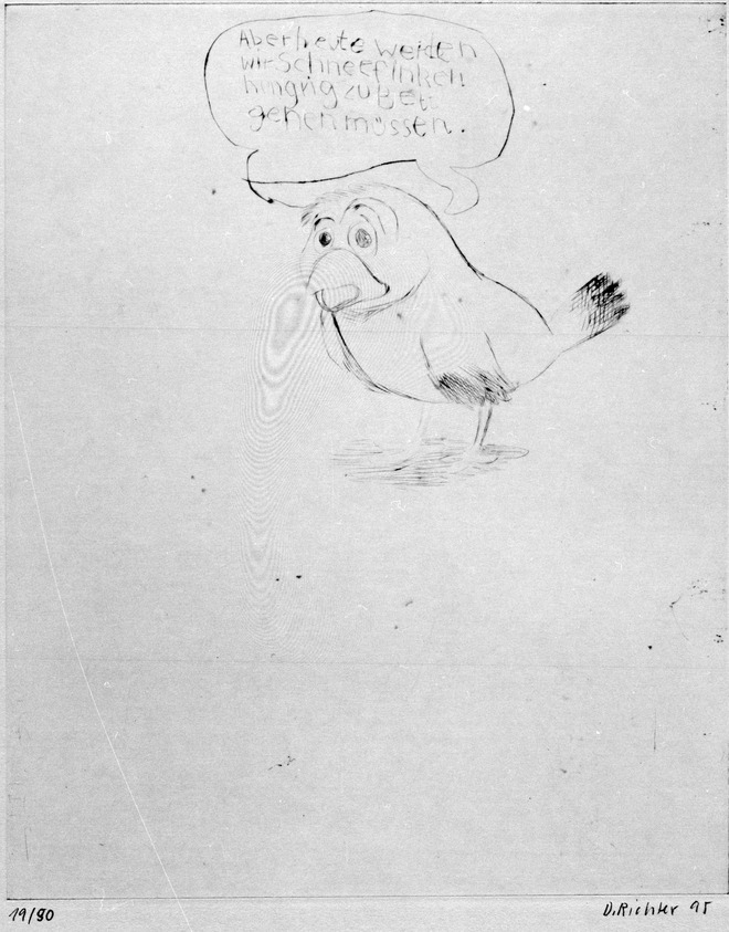 Daniel Richter. <em>Little Doggy</em>, 1995. Drypoint etching, Sheet: 15 1/16 x 12 9/16 in. (38.3 x 31.9 cm). Brooklyn Museum, Gift of Feature Inc., 1999.34.8. © artist or artist's estate (Photo: Brooklyn Museum, 1999.34.8_bw.jpg)