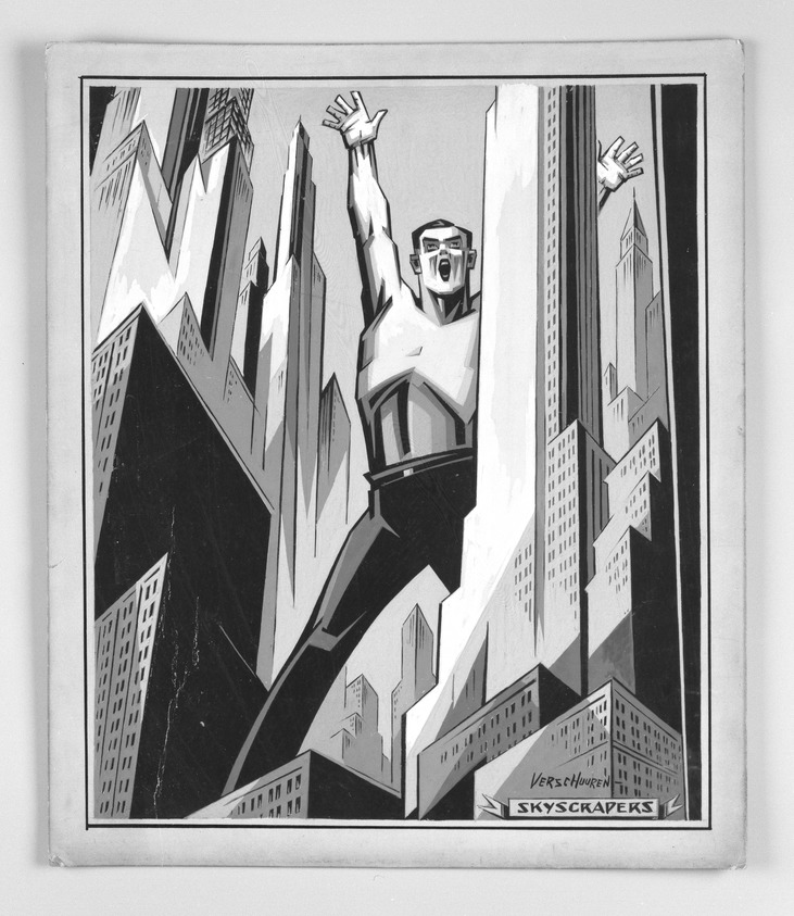 Charles Verschuuren (American, born Netherlands, 1891-1955). <em>Skyscrapers</em>, 1929. Gouache on Bainbridge illustration board, Sheet: 13 9/16 x 12 in.  (34.4 x 30.5 cm);. Brooklyn Museum, Gift of Mary Ryan Gallery, New York, NY, 1999.3. © artist or artist's estate (Photo: Brooklyn Museum, 1999.3_bw.jpg)