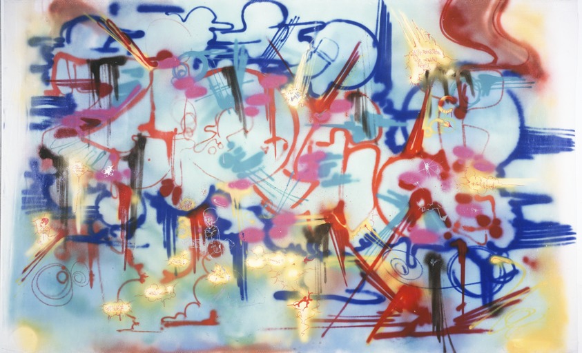 Anthony Clark aka A-One (American, 1964-2001). <em>Untitled (The Death Squad)</em>. Spray paint on canvas, 58 1/2 x 94 in.  (148.6 x 238.8 cm). Brooklyn Museum, Gift of Carroll Janis and Conrad Janis, 1999.57.2. © artist or artist's estate (Photo: Brooklyn Museum, 1999.57.2_transp5351.jpg)