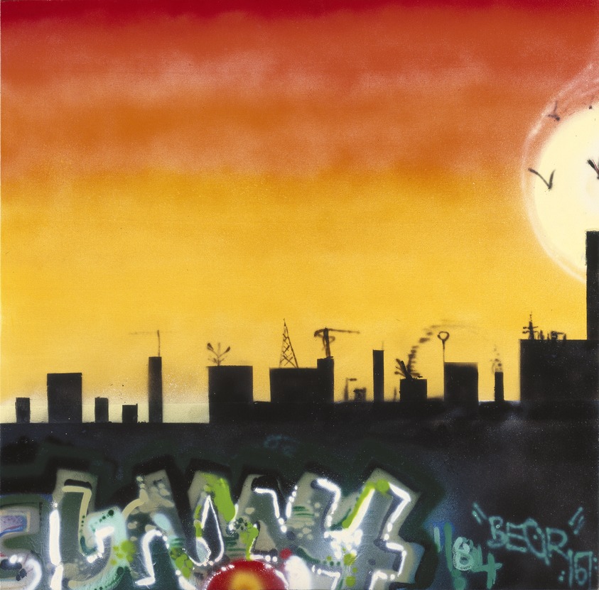Kwame Monroe aka Bear 167 (American, 1960/1961-1984). <em>Sunday Afternoon</em>, 1984. Spray paint on canvas, 50 1/4 x 50 1/4 in. (127.6 x 127.6 cm). Brooklyn Museum, Gift of Carroll Janis and Conrad Janis, 1999.57.6. © artist or artist's estate (Photo: Brooklyn Museum, 1999.57.6_reference_SL1.jpg)
