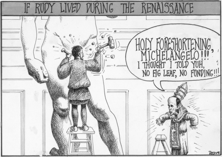 Sean Delonas (American, born 1960). <em>"Holy Foreshortening ...," also known as If Rudy Lived During the Renaissance</em>, September 28, 1999. Pen and Ink, Sheet: 7 1/16 x 9 3/4 in. (17.9 x 24.8 cm). Brooklyn Museum, Mary Smith Dorward Fund, 2001.99.2. © artist or artist's estate (Photo: Brooklyn Museum, 2001.99.2.jpg)