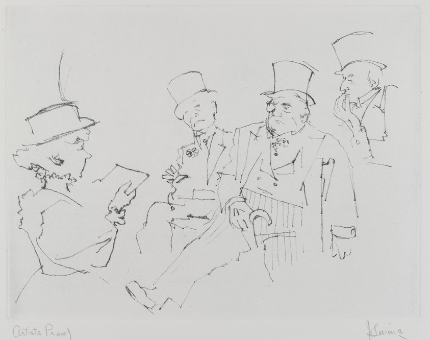 Jack Levine (American, 1915-2010). <em>Polly Founds a Bank</em>, 1963. Soft-ground etching, Sheet: 8 1/8 x 11 5/8 in. (20.6 x 29.5 cm). Brooklyn Museum, Gift of the artist, 2002.53.1. © artist or artist's estate (Photo: Brooklyn Museum, 2002.53.1_PS4.jpg)