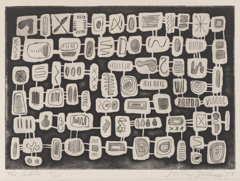 Dorothy Dehner (American, 1908-1994). <em>The Letter</em>, 1953. Etching and roulette, 4 13/16 x 6 15/16 in. (12.2 x 17.6 cm). Brooklyn Museum, Gift of Celia Mitchell, 2002.56.3. © artist or artist's estate (Photo: Brooklyn Museum, 2002.56.3_PS4.jpg)