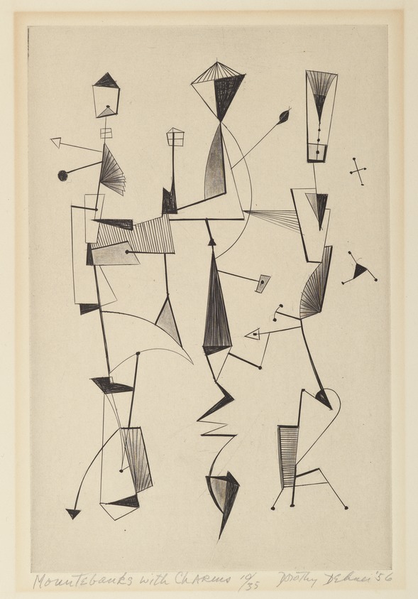 Dorothy Dehner (American, 1908-1994). <em>Mountebanks with Charms</em>, 1956. Roulette and etching, 8 15/16 x 5 7/8 in. (22.7 x 14.9 cm). Brooklyn Museum, Gift of Celia Mitchell, 2002.56.7. © artist or artist's estate (Photo: Brooklyn Museum, 2002.56.7_PS6.jpg)