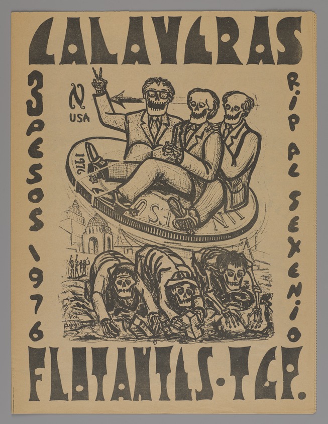 Francisco Luna (Mexican). <em>Floating Skulls (Calaveras Flatantes)</em>, 1976. Relief print, 15 x 11 1/2 in. (38.1 x 29.2 cm). Brooklyn Museum, Bequest of Richard J. Kempe, 2003.41.17. © artist or artist's estate (Photo: Brooklyn Museum, 2003.41.17_PS9.jpg)