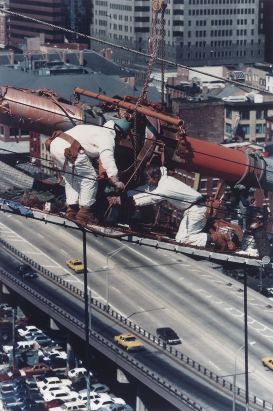 James Rudnick (American, born 1955). <em>Re coating of the Main Cable of the Brooklyn Bridge</em>, 1988, printed 2003. Chromogenic photograph, Image: 11 15/16 x 8 in. (30.3 x 20.3 cm). Brooklyn Museum, Gift of the artist, 2003.77.2. © artist or artist's estate (Photo: Brooklyn Museum, 2003.77.2.jpg)