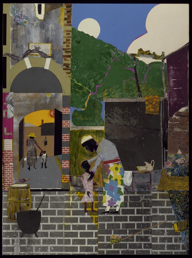 Romare Bearden (American, 1911-1988). <em>Southern Courtyard</em>, 1976. Collage on paper: photochemically printed paper cut outs, colored paper, paint, graphite, and fabric, 48 x 36 in. (121.9 x 91.4 cm). Brooklyn Museum, Gift of The Beatrice and Samuel A. Seaver Foundation, 2004.30.1. © artist or artist's estate (Photo: Brooklyn Museum, 2004.30.1_SL3.jpg)