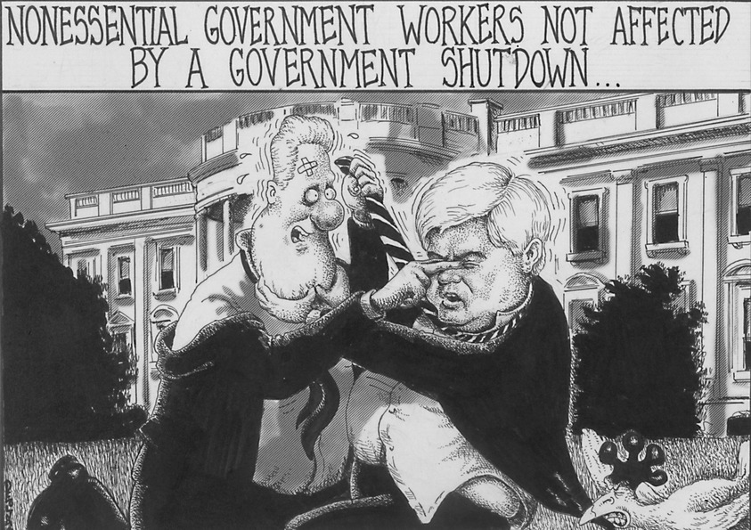 Sean Delonas (American, born 1960). <em>Nonessential Government Workers not affected by a Government Shutdown...</em>. Ink, Sheet: 7 3/8 x 10 1/4 in. (18.7 x 26 cm). Brooklyn Museum, Gift of the artist, 2004.44.11. © artist or artist's estate (Photo: Brooklyn Museum, 2004.44.11.jpg)