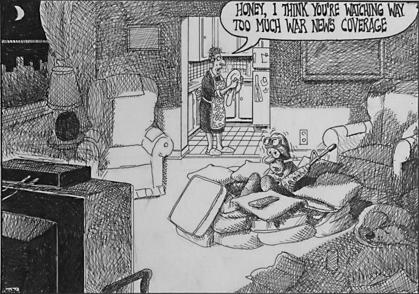 Sean Delonas (American, born 1960). <em>Honey, I Think You're Watching Way too Much War News Coverage</em>, March 26, 2003. Ink, Sheet: 7 x 9 5/8 in. (17.8 x 24.4 cm). Brooklyn Museum, Gift of the artist, 2004.44.12. © artist or artist's estate (Photo: Brooklyn Museum, 2004.44.12.jpg)