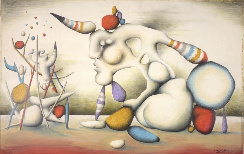 Esteban Francis (Spanish, 1913-1976). <em>Composition Luneire</em>. Watercolor and colored pencils on paper, 13 1/2 x 21 1/2 in. Brooklyn Museum, Gift of The Beatrice and Samuel A. Seaver Foundation, 2004.48.5. © artist or artist's estate (Photo: Brooklyn Museum, 2004.48.5.jpg)