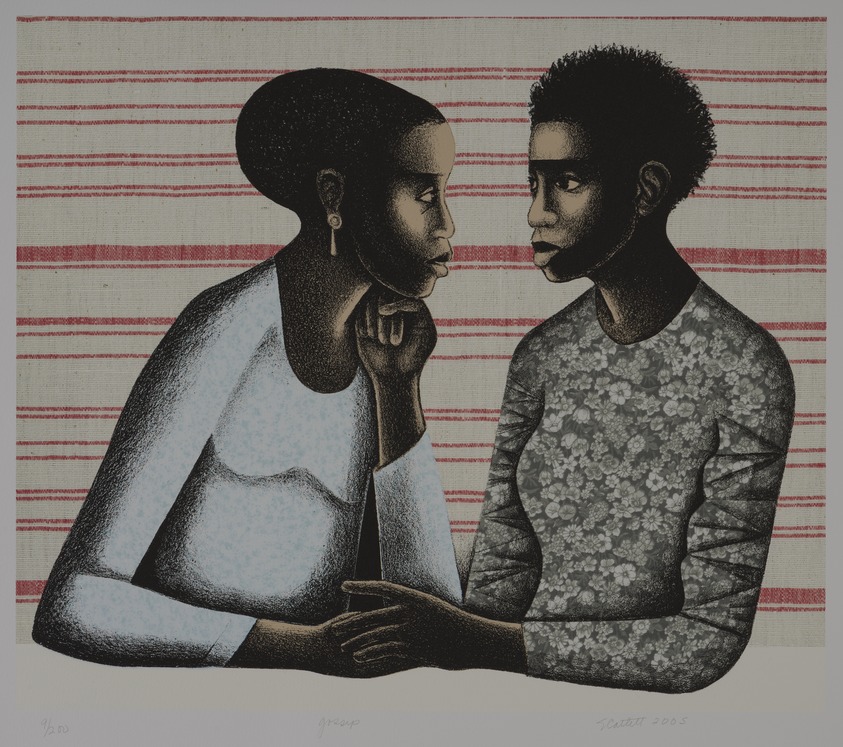 Elizabeth Catlett (American, 1915–2012). <em>Gossip</em>, 2004 (Edition signed 2005). Digital print and photo lithograph, 22 1/2 x 24 in. (57.2 x 61 cm). Brooklyn Museum, Gift of Ruth Bowman in honor of Marilyn Kushner, 2006.60. © artist or artist's estate (Photo: Brooklyn Museum, 2006.60_PS11.jpg)