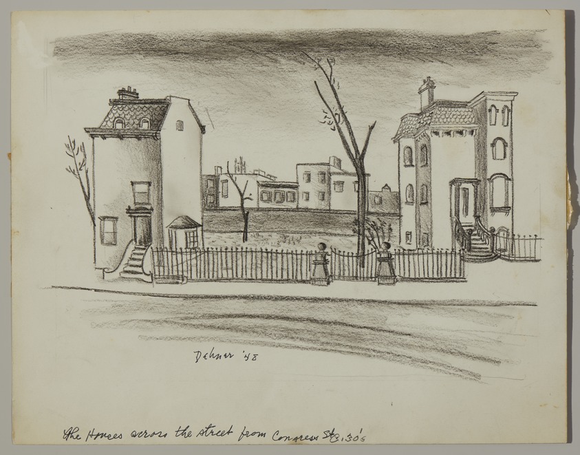 Dorothy Dehner (American, 1908–1994). <em>The Houses Across the Street from Congress Street</em>, 1948. Charcoal on paper, Sheet: 10 7/8 x 13 15/16 in. (27.6 x 35.4 cm). Brooklyn Museum, Gift of the Dorothy Dehner Foundation, 2007.14.1. © artist or artist's estate (Photo: Brooklyn Museum, 2007.14.1_PS20.jpg)
