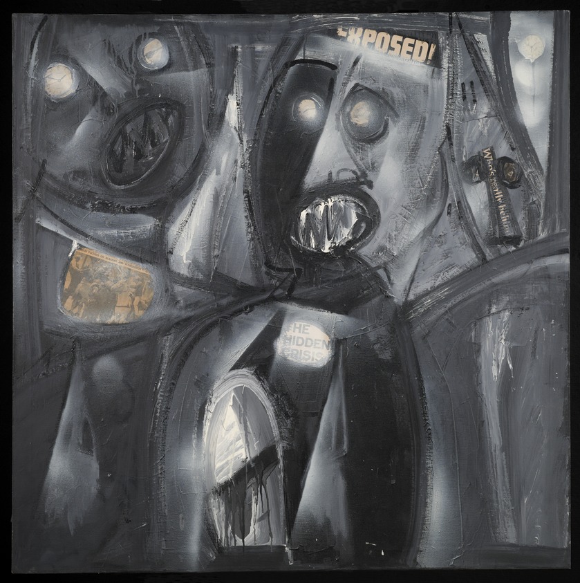 Merton D. Simpson (American, 1928-2013). <em>U.S.A. '65</em>, 1965. Oil and paper collage on canvas, 44 x 44 in. (111.8 x 111.8 cm). Brooklyn Museum, Dick S. Ramsay Fund, 2011.28. © artist or artist's estate (Photo: Brooklyn Museum, 2011.28_PS6.jpg)