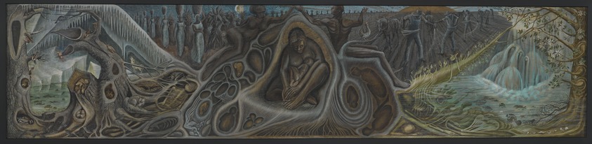 John Biggers (American, 1924-2001). <em>Web of Life</em>, 1958. Tempera on wood, 22 x 92 in. (55.9 x 233.7 cm). Brooklyn Museum, Brooklyn Museum Fund for African American Art and Florence B. and Carl L. Selden Fund, 2011.50. © artist or artist's estate (Photo: Brooklyn Museum, 2011.50_PS6.jpg)