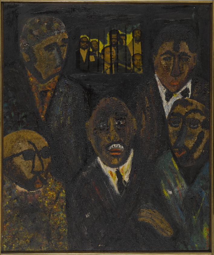 Vincent DaCosta Smith (American, 1930-2003). <em>Report from the Caucus Room</em>, 1969. Oil on sand on canvas, 30 x 30 in. (76.2 x 76.2 cm). Brooklyn Museum, Gift of R.M. Atwater, Anna Wolfrom Dove, Alice Fiebiger, Joseph Fiebiger, Belle Campbell Harriss, and Emma L. Hyde, by exchange, Designated Purchase Fund, Mary Smith Dorward Fund, Dick S. Ramsay Fund, and  Carll H. de Silver Fund, 2012.80.11. © artist or artist's estate (Photo: Brooklyn Museum, 2012.80.11.jpg)