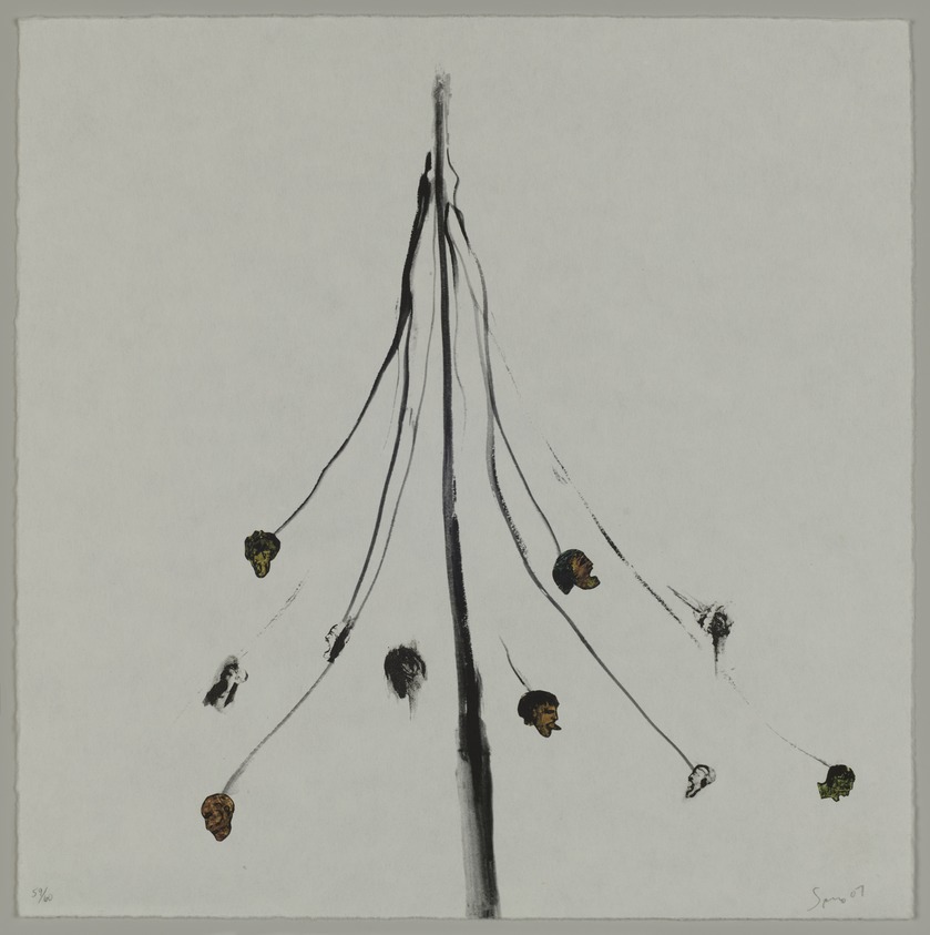 Nancy Spero (American, 1926–2009). <em>Maypole-War</em>, 2007. Digital print with hand lithography, 12 × 12 in. (30.5 × 30.5 cm). Brooklyn Museum, Gift of Susan Ball and Wendy Feuer, 2016.22.9. © artist or artist's estate (Photo: Brooklyn Museum, 2016.22.9_PS20.jpg)