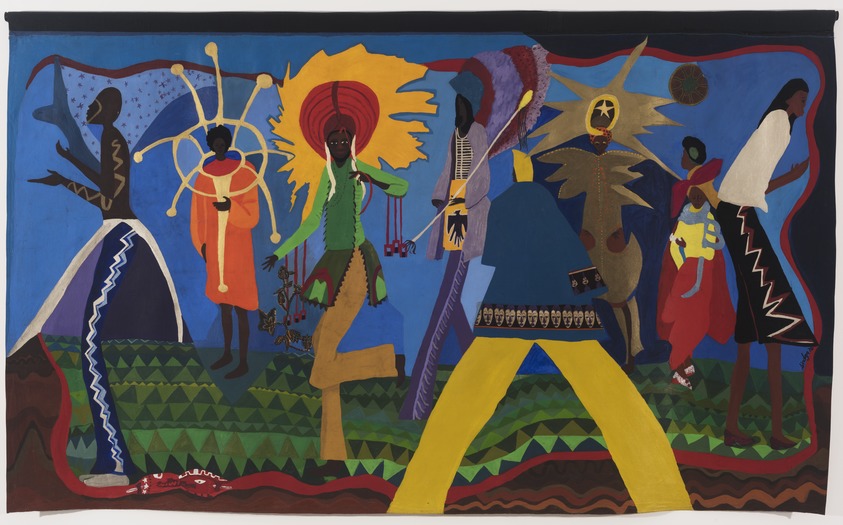 Dindga McCannon (American, born 1947). <em>West Indian Day Parade</em>, 1976. Acrylic, African fabric, polyester fabric, 52 × 89 in. (132.1 × 226.1 cm). Brooklyn Museum, Purchase gift of Elizabeth A. Sackler, 2020.26. © artist or artist's estate (Photo: Brooklyn Museum, 2020.26_PS11.jpg)
