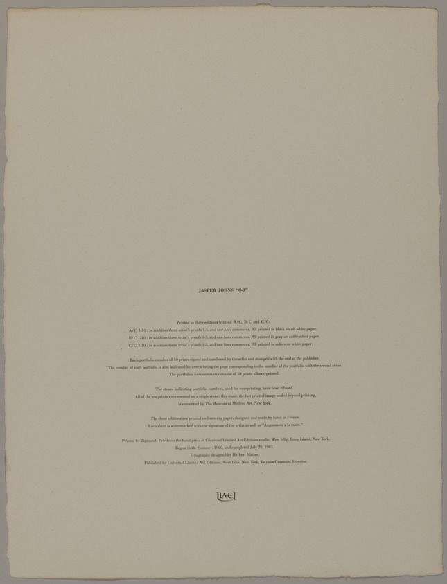 Jasper Johns (American, born 1930). <em>[Colophon]</em>, 1963. Brooklyn Museum, Gift of Barbara Bertozzi Castelli, 2021.55.2. © artist or artist's estate (Photo: Brooklyn Museum, 2021.55.2_PS20.jpg)