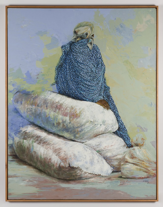 Emmanuel Adiamah (Ghanian, born 1957). <em>The Wait</em>, 2022. Acrylic, oil pastel and collage on canvas, 65 × 50 1/4 in. (165.1 × 127.6 cm). Brooklyn Museum, Gift of J. A. Forde, 2022.39. © artist or artist's estate (Photo: Brooklyn Museum, 2022.39_PS20.jpg)