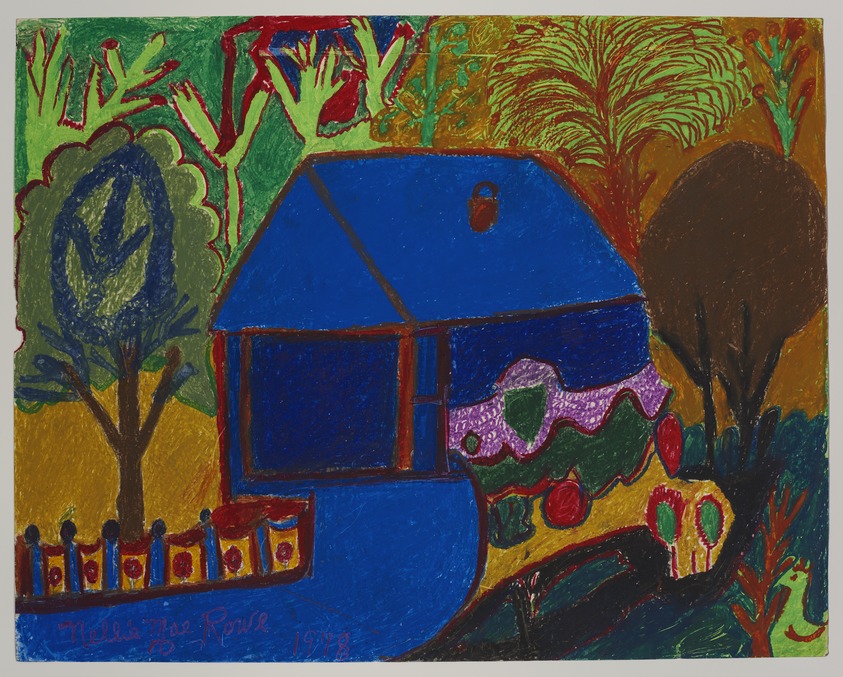 Nellie Mae Rowe (American, 1900 - 1982). <em>Untitled Cobalt Blue House</em>, 1978., 26 × 31 in. (66 × 78.7 cm). Brooklyn Museum, Gift of The Judith Alexander Foundation, 2022.48.2. © artist or artist's estate (Photo: Brooklyn Museum, 2022.48.2_PS11.jpg)