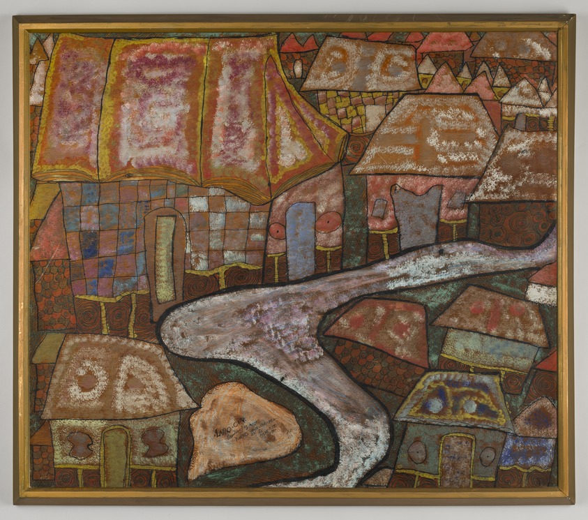 Twins Seven Seven (Nigerian, 1944 – 2011). <em>Laro city (Village scene)</em>, 1968. Ink and paint on plywood, overall: 25 x 28 1/2 x 1 3/8 in. (63.5 x 72.4 x 3.5 cm). Brooklyn Museum, Gift of Donald and Pingree Louchheim, 2022.56.3. © artist or artist's estate (Photo: Brooklyn Museum, 2022.56.3_PS20.jpg)