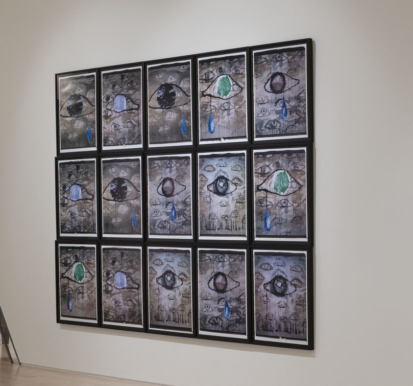 María Magdalena Campos-Pons (Born in Matanzas, Cuba, 1959). <em> Voyeurs and Beholders of…</em>, 2008. Dye diffusion transfer; Polaroid Polacolor, frame (each): 30 5/8 × 24 11/16 × 1 3/16 in. (77.8 × 62.7 × 3 cm). Brooklyn Museum, Gift of the Contemporary Art Committee with additional support by the William K. Jacobs, Jr. Fund, 2023.33a-o. © artist or artist's estate (Photo: Brooklyn Museum, 2023.33a-o_in_situ_PS20.jpg)