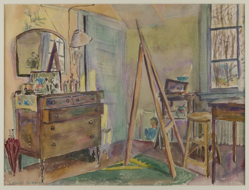 Laura Wheeler Waring (American, 1887–1948). <em>Corner of Laura Wheeler Waring’s Studio, Cheyney, PA</em>, ca. 1940. Watercolor on paper, 12 × 15 1/2 in. (30.5 × 39.4 cm). Brooklyn Museum, Gift of Charlynn and Warren Goins, 2023.46.2. © artist or artist's estate (Photo: Brooklyn Museum, 2023.46.2_PS20.jpg)