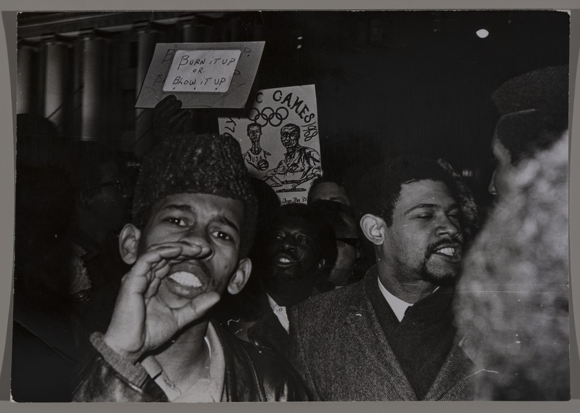 Fred McDarrah (1926–2007, American, b. Brooklyn, NY). <em>Untitled (Olympic Games Protest), New York, New York, February 16, 1968</em>, 2/16/1968. Gelatin silver print (vintage), sheet: 8 × 10 in. (20.3 × 25.4 cm). Brooklyn Museum, Gift from the Goldman-Sonnenfeldt Family, 2023.69.30. © artist or artist's estate (Photo: Brooklyn Museum, 2023.69.30_PS11.jpg)