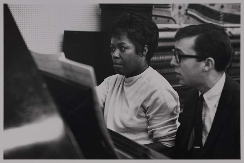 Milt Hinton (born Vicksburg Mississippi, active Chicago, IL, 1910–2000). <em>Sarah Vaughan and Bob James, recording studio, N.Y.C.</em>, ca. 1967. Gelatin silver print, 11 × 14 in. (27.9 × 35.6 cm). Brooklyn Museum, Gift of David G. Berger and Holly Maxson, 2023.80.11. © artist or artist's estate (Photo: Brooklyn Museum, 2023.80.11_PS20.jpg)