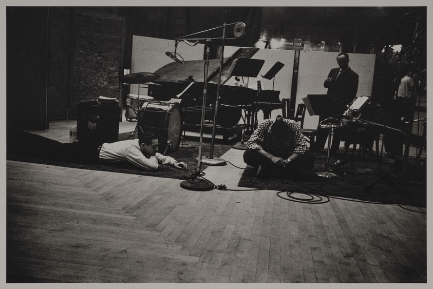 Milt Hinton (born Vicksburg Mississippi, active Chicago, IL, 1910–2000). <em>Bill Evans, Art Farmer and Paul Motian, recording studio, N.Y.C.</em>, ca. 1956. Gelatin silver print, 11 × 14 in. (27.9 × 35.6 cm). Brooklyn Museum, Gift of David G. Berger and Holly Maxson, 2023.80.12. © artist or artist's estate (Photo: Brooklyn Museum, 2023.80.12_PS20.jpg)
