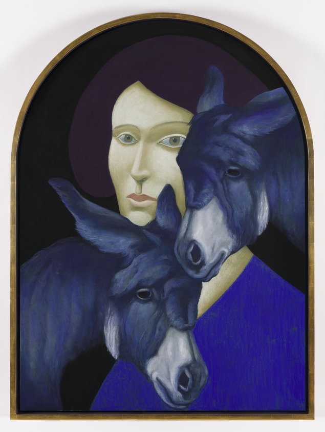 Nicolas Party (Swiss, born 1980). <em>Portrait with a Donkey</em>, 2023. Soft pastel on linen, 59 × 43 3/8 × 1 1/4 in. (149.9 × 110.2 × 3.2 cm). Brooklyn Museum, Purchase gift of Amanda and John Waldron, in honor of the Brooklyn Museum’s 200th Anniversary, 2024.16. © artist or artist's estate (Photo: Brooklyn Museum, 2024.16_PS22.jpg)