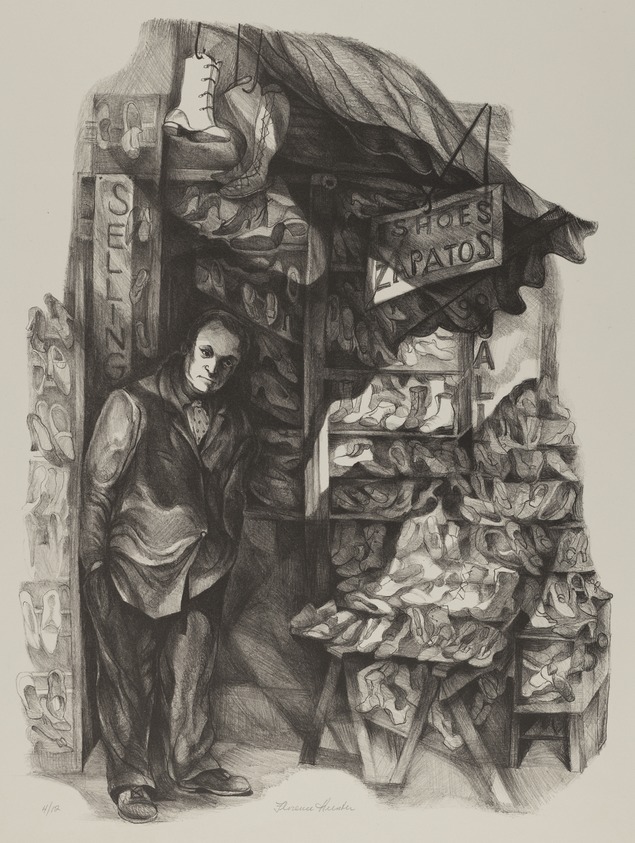 Florence Kent (American, 1915 – 1989). <em>Zapatos</em>, 20th century. Lithograph, sheet: 22 3/8 × 17 3/16 in. (56.8 × 43.7 cm). Brooklyn Museum, Gift of Dan Mausner, 2024.2.2. © artist or artist's estate (Photo: Brooklyn Museum, 2024.2.2_cropped_PS22.jpg)