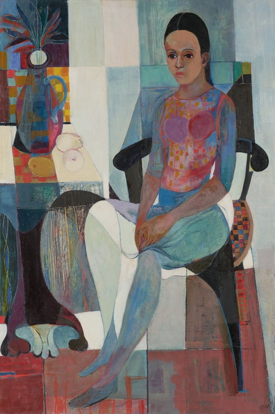 Florence Kent (American, 1915 – 1989). <em>The Waiting Room</em>, 20th century. Oil on canvas, Dims provided by owner.: 24 × 36 in. (61 × 91.4 cm). Brooklyn Museum, Gift of Dan Mausner, 2024.2.4. © artist or artist's estate (Photo: Brooklyn Museum, 2024.2.4_cropped_PS22_tif.jpg)