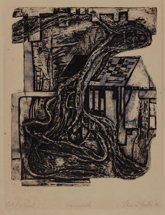 Florence Kent (American, 1915 – 1989). <em>Overgrowth</em>, 1974. Collagraph, Dims provided by owner.: 5 × 10 1/2 in. (12.7 × 26.7 cm). Brooklyn Museum, Gift of Dan Mausner, 2024.2.7. © artist or artist's estate (Photo: Brooklyn Museum, 2024.2.7_PS20.jpg)