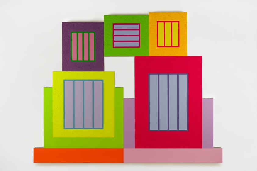 Peter Halley (American, born 1953). <em>Plus One</em>, 2019–2020. Acrylic, fluorescent acrylic, Roll-A-Tex on canvas, 83 × 104 in. (210.8 × 264.2 cm). Brooklyn Museum, Gift of Sasha and Edward P. Bass, in honor of the Brooklyn Museum’s 200th Anniversary, 2024.26. © artist or artist's estate (Photo: Brooklyn Museum, 2024.26_PS22.jpg)