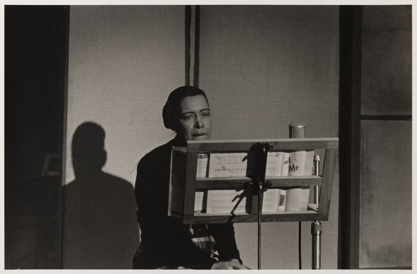 Milt Hinton (born Vicksburg Mississippi, active Chicago, IL, 1910–2000). <em>Billie Holiday, Last Recording Date, recording studio, New York City</em>, 1958. Silver gelatin print, sheet (unframed): 11 × 14 in. (27.9 × 35.6 cm). Brooklyn Museum, Gift of David G. Berger and Holly Maxson, in honor of the Brooklyn Museum's 200th Anniversary, 2025.8. © artist or artist's estate (Photo: Brooklyn Museum, 2025.8_cropped_PS22.jpg)