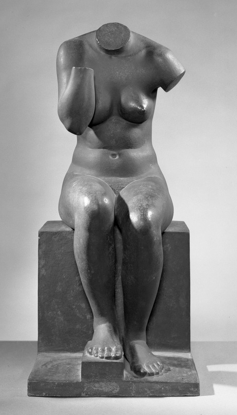 Jane Poupelet (French, 1878-1932). <em>Figure of a Seated Woman</em>, 20th century. Bronze, 22 13/16 x 10 1/16 x 12 3/16 in. (58 x 25.5 x 31 cm). Brooklyn Museum, Ella C. Woodward Memorial Fund, 21.245 (Photo: Brooklyn Museum, 21.245_front_acetate_bw.jpg)