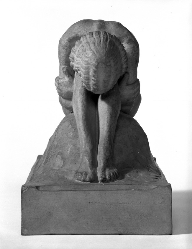 Eugene-Antoine Borga. <em>Weeping Girl</em>. Terracotta, Height: 7 3/8 in. (18.7 cm). Brooklyn Museum, Museum Collection Fund, 24.449.2 (Photo: Brooklyn Museum, 24.449.2_front_bw.jpg)