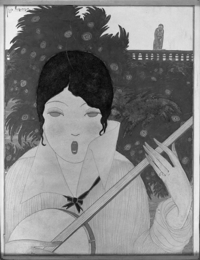 Georges Lepape (French, 1887-1971). <em>The Banjo</em>. Watercolor, 8 1/16 x 6 3/16 in.  (20.5 x 15.7 cm). Brooklyn Museum, Gift of Colonel Michael Friedsam, 24.61. © artist or artist's estate (Photo: Brooklyn Museum, 24.61_acetate_bw.jpg)