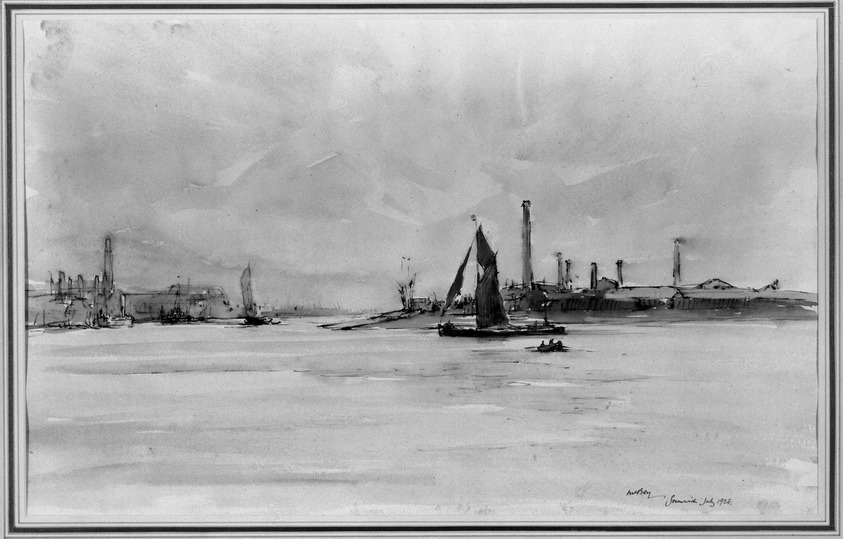 James McBey (Scottish, 1883-1959). <em>The Thames at Greenwich</em>, 1928. Watercolor, Sheet: 11 1/2 x 18 in. (29.2 x 45.7 cm). Brooklyn Museum, Gift of Frank L. Babbott, 28.288. © artist or artist's estate (Photo: Brooklyn Museum, 28.288_acetate_bw.jpg)