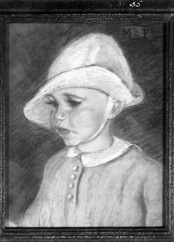 Margaret Bucknell Pecorini (American, 1879-1963). <em>Baby in White Cap</em>. Pastel on gray-brown paper, 14 x 11 1/16 in. (35.6 x 28.1 cm). Brooklyn Museum, 30.45. © artist or artist's estate (Photo: Brooklyn Museum, 30.45_glass_bw.jpg)