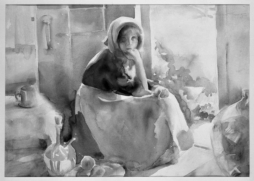 Gertrude Schweitzer (American, 1911-1989). <em>Peasant Girl</em>, ca. 1930. Watercolor over graphite on paper, 15 1/2 x 21 13/16 in. (39.4 x 55.4 cm). Brooklyn Museum, Gift of Edward C. Blum, 31.122. © artist or artist's estate (Photo: Brooklyn Museum, 31.122_acetate_bw.jpg)