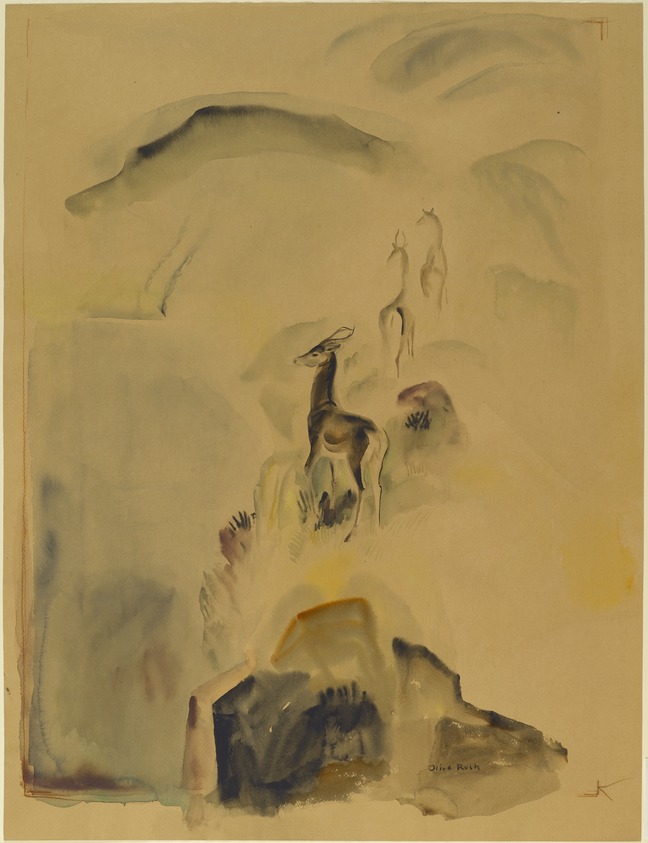 Olive Rush (American, 1873-1966). <em>Deer Path</em>, ca. 1930. Transparent watercolor with touches of opaque watercolor on dark tan, thick, rough textured wove paper, Sheet: 24 13/16 x 18 7/8 in. (63 x 48 cm). Brooklyn Museum, Museum Collection Fund, 31.136. © artist or artist's estate (Photo: Brooklyn Museum, 31.136_PS2.jpg)
