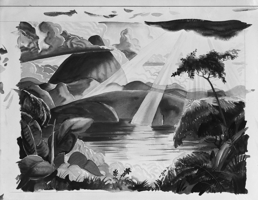 Paul Bough Travis (American, 1891–1975). <em>Crater Lake, Ruanda</em>, ca. 1930. Watercolor over pencil on paperboard, Sheet: 21 15/16 x 29 15/16 in. (55.8 x 76 cm). Brooklyn Museum, Museum Collection Fund, 31.139. © artist or artist's estate (Photo: Brooklyn Museum, 31.139_bw_IMLS.jpg)