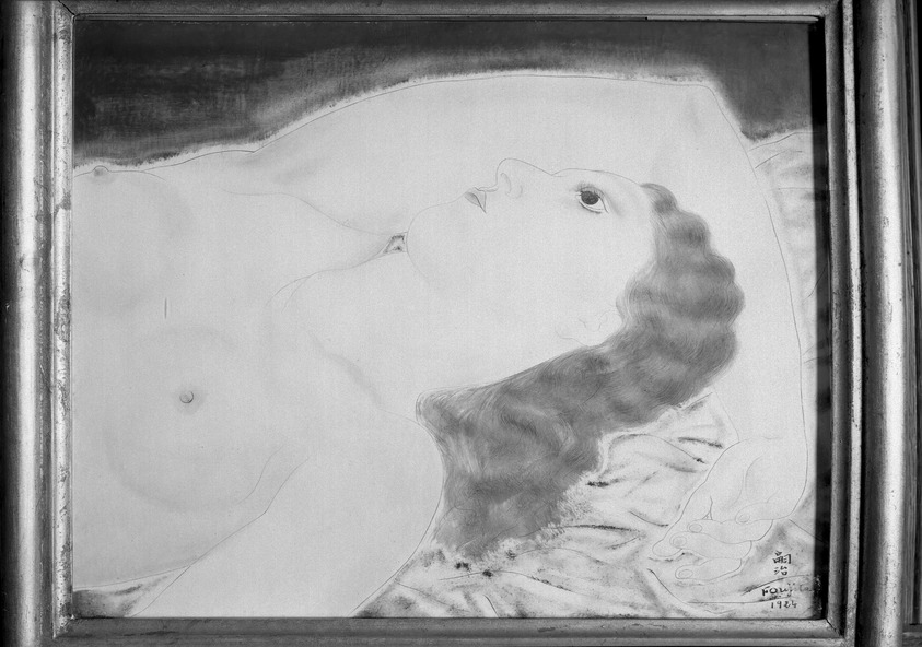 Tsuguharu Foujita (French, born Japan, 1886-1968). <em>Study</em>, 1924. Pen drawing on oil paint, 16 x 12 1/2 in.  (40.6 x 31.8 cm). Brooklyn Museum, Gift of Mr. and Mrs. William Slocum Davenport, 32.132. © artist or artist's estate (Photo: Brooklyn Museum, 32.132_acetate_bw.jpg)